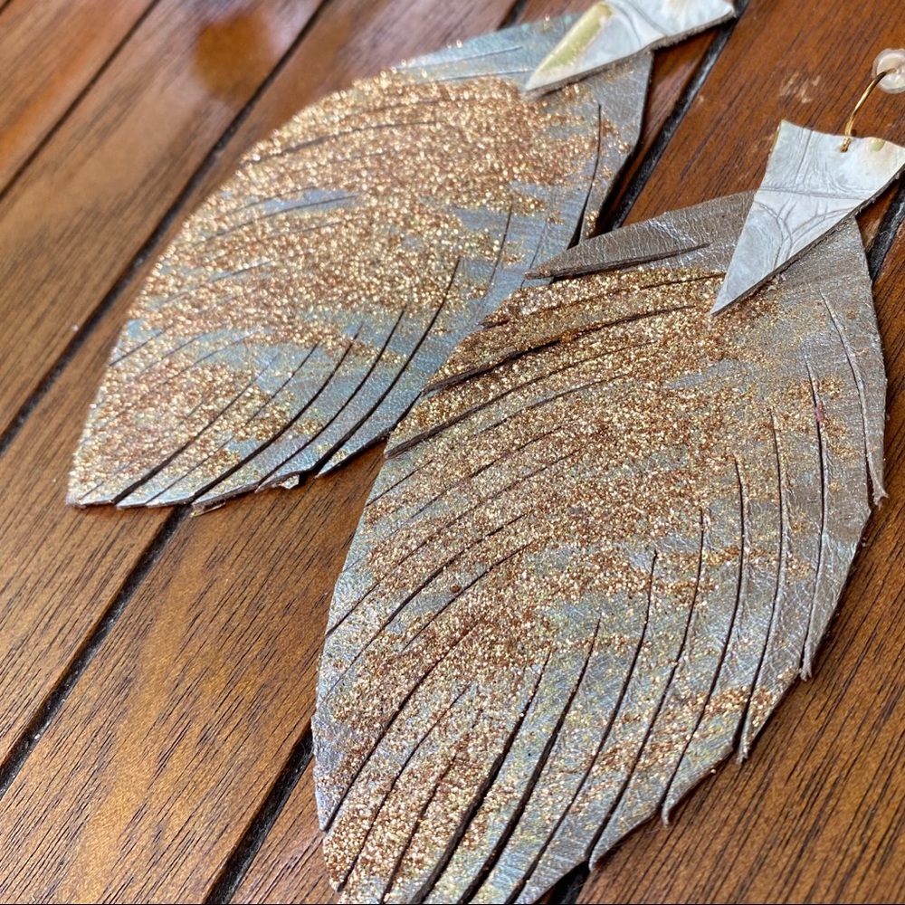 Leather Feather Drop Earrings - Picture 3 of 8